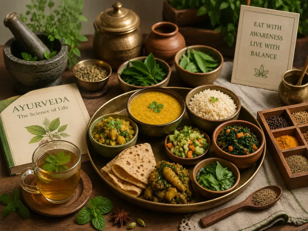 Ayurvedic meal with spices and herbs