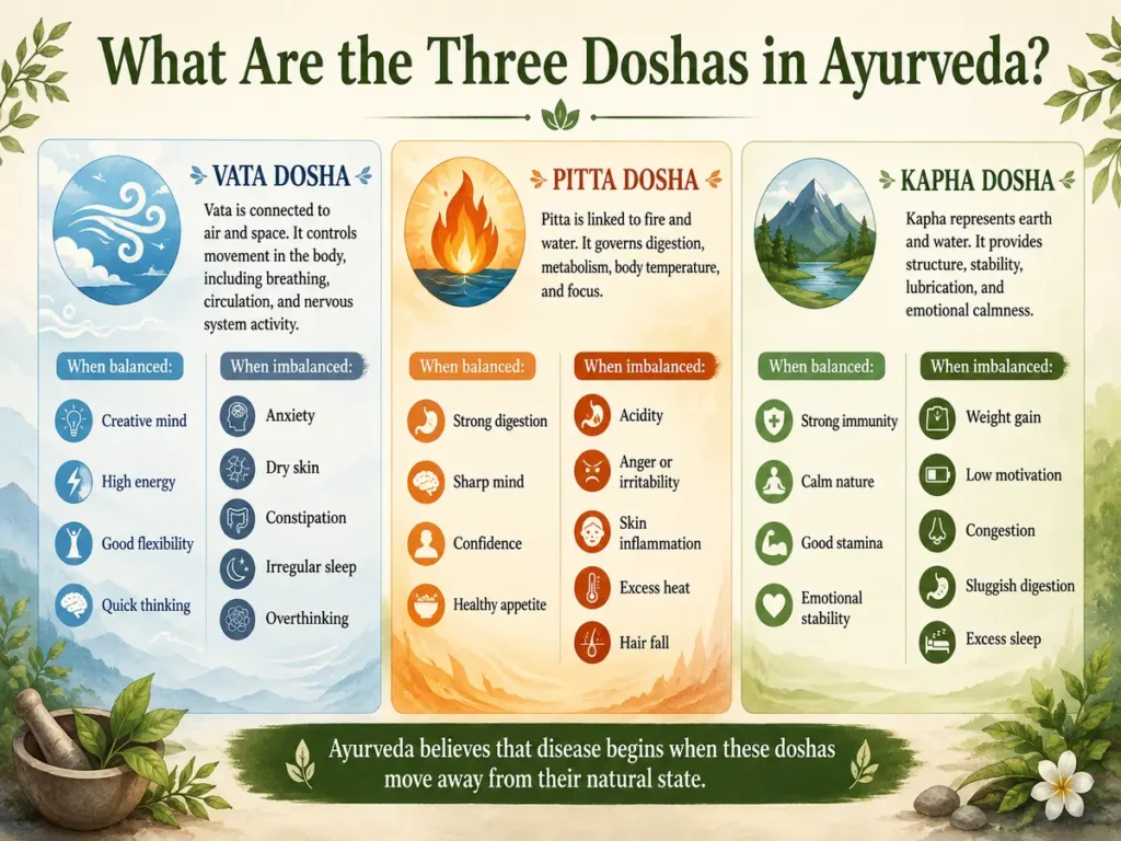 Understanding the three doshas in Ayurveda - Vata, Pitta, and Kapha.